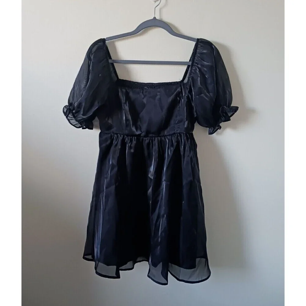 Thirty Thirty Girls‎ Babydoll Dress Black Metallic Puff Sleeve Size L